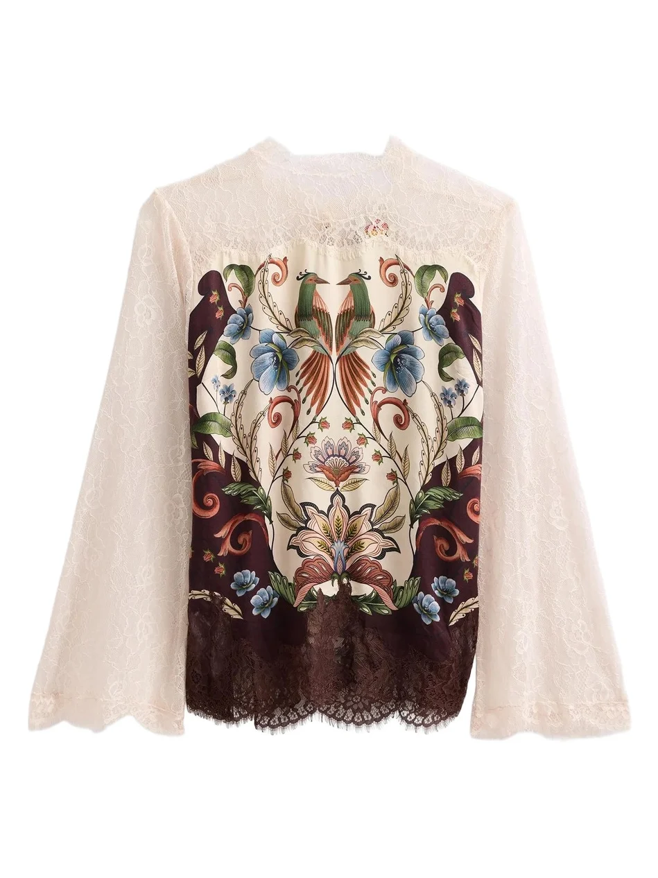 Women's Millena Botanical Print Satin-Lace Blouse