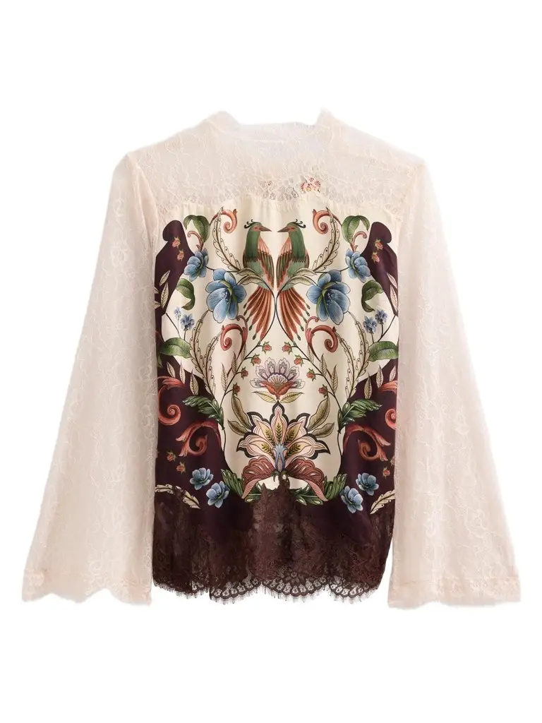Farm Rio Women's Millena Botanical Print Satin-Lace Blouse