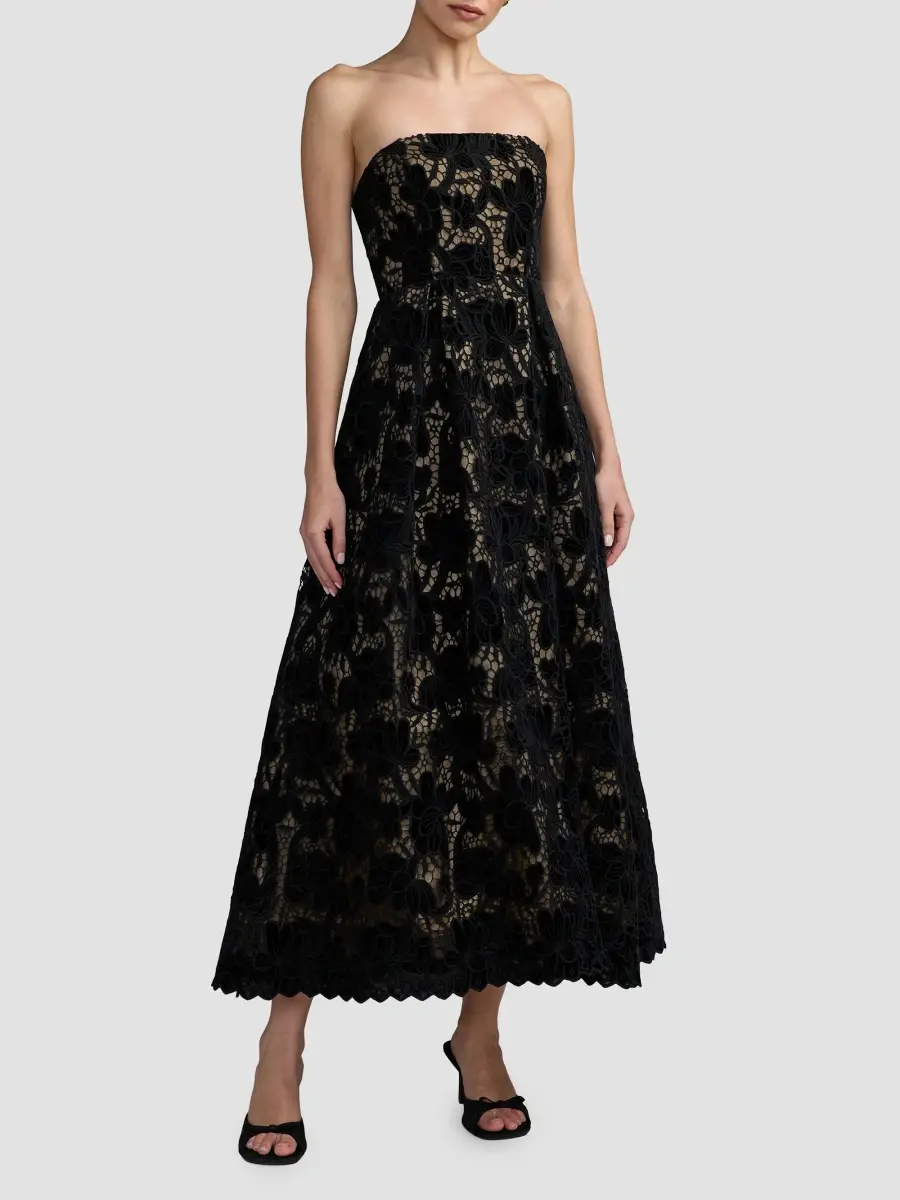 Mac Duggal Women's Velvet Floral Lace Strapless Midi Dress | Thumbnail 2 Mac Duggal Women's Velvet Floral Lace Strapless Midi Dress | Thumbnail 2