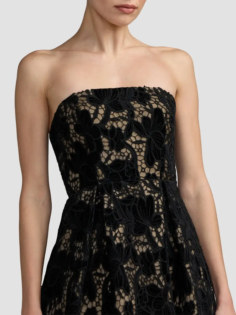 Mac Duggal Women's Velvet Floral Lace Strapless Midi Dress | Thumbnail 4 Mac Duggal Women's Velvet Floral Lace Strapless Midi Dress | Thumbnail 4