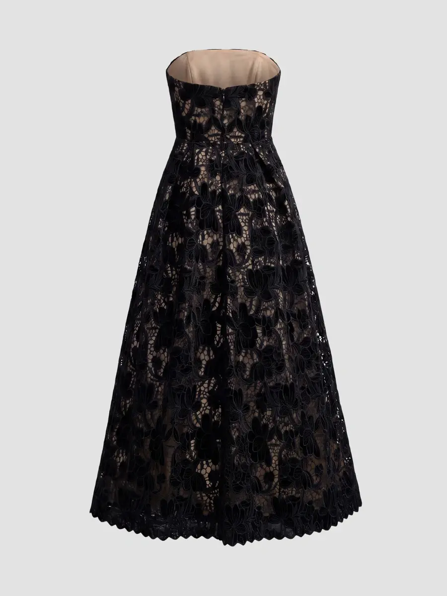 Mac Duggal Women's Velvet Floral Lace Strapless Midi Dress | Thumbnail 6 Mac Duggal Women's Velvet Floral Lace Strapless Midi Dress | Thumbnail 6