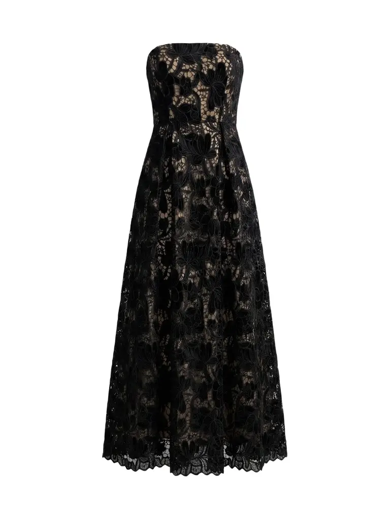 Women's Velvet Floral Lace Strapless Midi Dress Women's Velvet Floral Lace Strapless Midi Dress