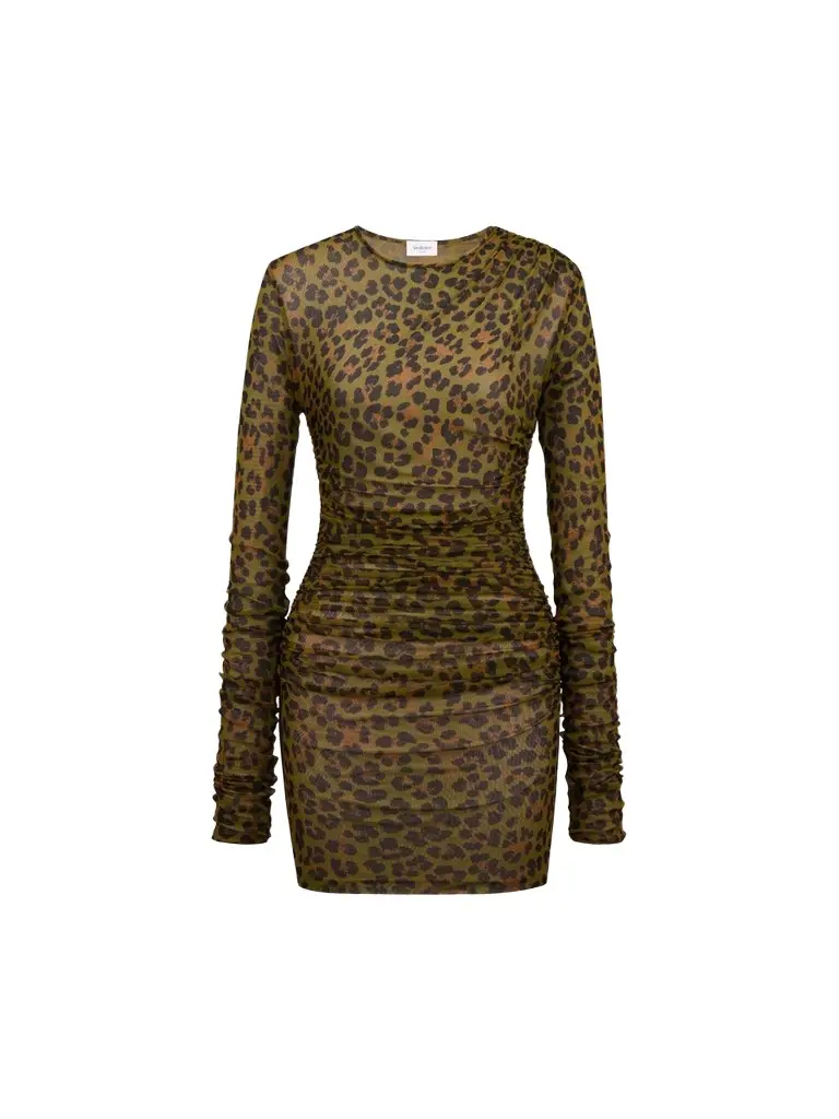 Women's Draped Dress in Leopard-Print Stretch Jersey and Tulle - Leopard Print Women's Draped Dress in Leopard-Print Stretch Jersey and Tulle - Leopard Print