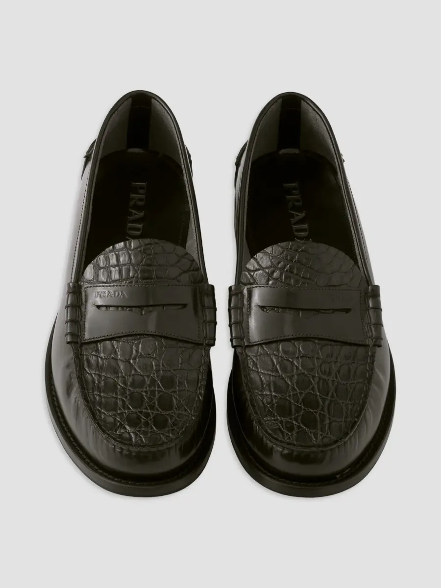 Prada Men's Brushed Leather and Crocodile Loafers - Black | Thumbnail 2 Prada Men's Brushed Leather and Crocodile Loafers - Black | Thumbnail 2