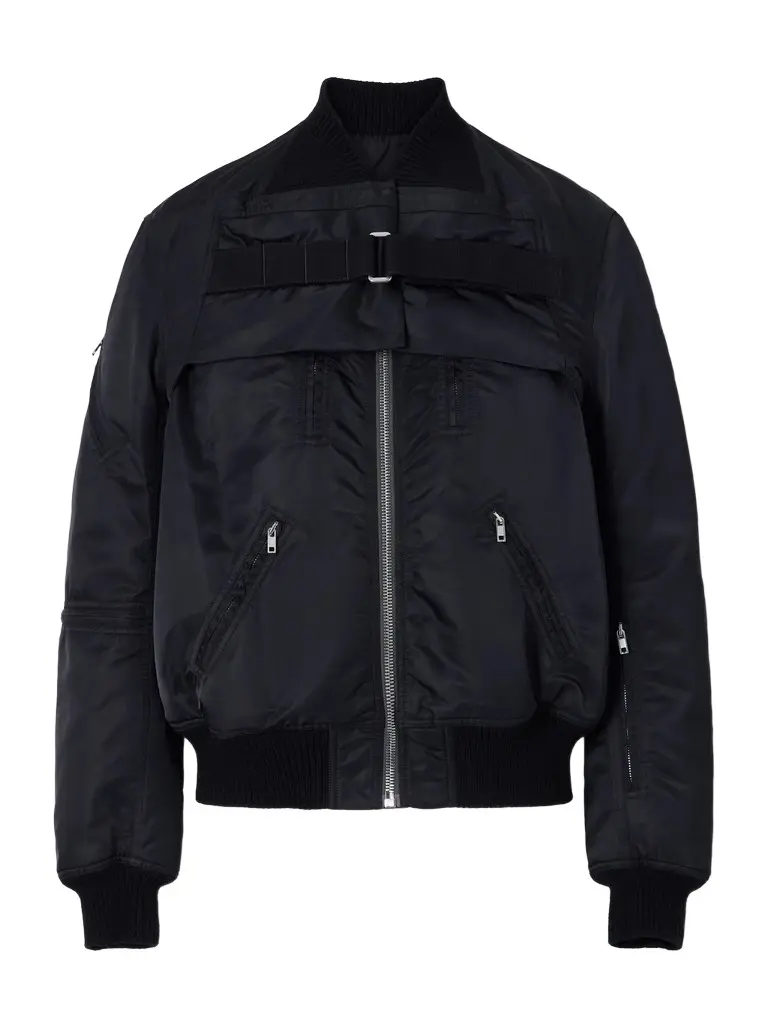 Two-Piece Buckled Rib-Trimmed Satin Bomber Jacket - Men Two-Piece Buckled Rib-Trimmed Satin Bomber Jacket - Men