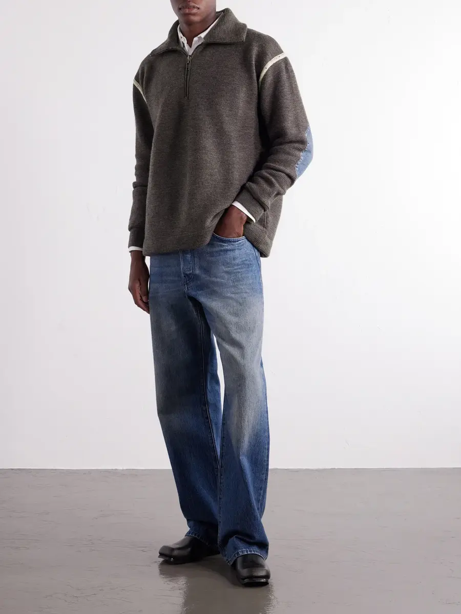 Maison Margiela Distressed Denim-Trimmed Wool Half-Zip Sweater - Men | Thumbnail 2 Maison Margiela Distressed Denim-Trimmed Wool Half-Zip Sweater - Men | Thumbnail 2