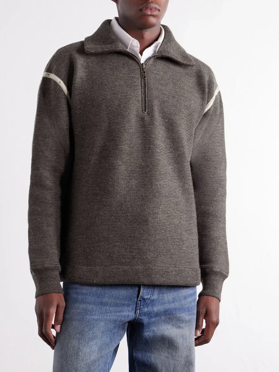 Maison Margiela Distressed Denim-Trimmed Wool Half-Zip Sweater - Men | Thumbnail 3 Maison Margiela Distressed Denim-Trimmed Wool Half-Zip Sweater - Men | Thumbnail 3