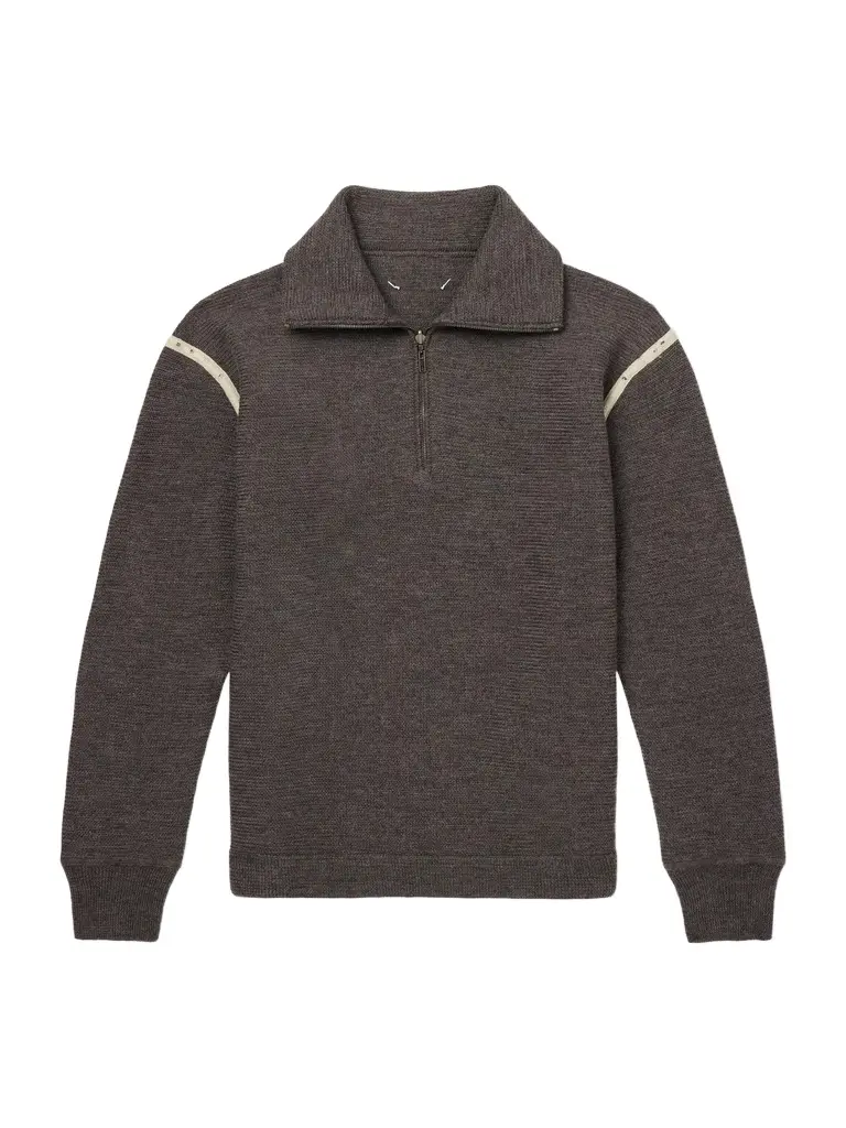 Maison Margiela Distressed Denim-Trimmed Wool Half-Zip Sweater - Men
