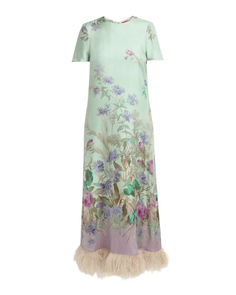 Floral Feather-Trim Maxi Swing Dress Floral Feather-Trim Maxi Swing Dress