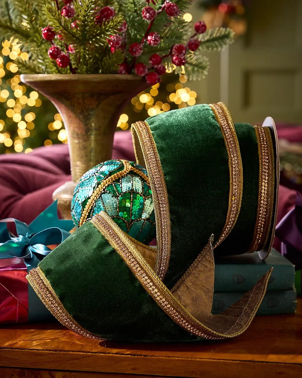 D. Stevens Gold Crystal Edge on Velvet Ribbon, 4" x 5 Yards