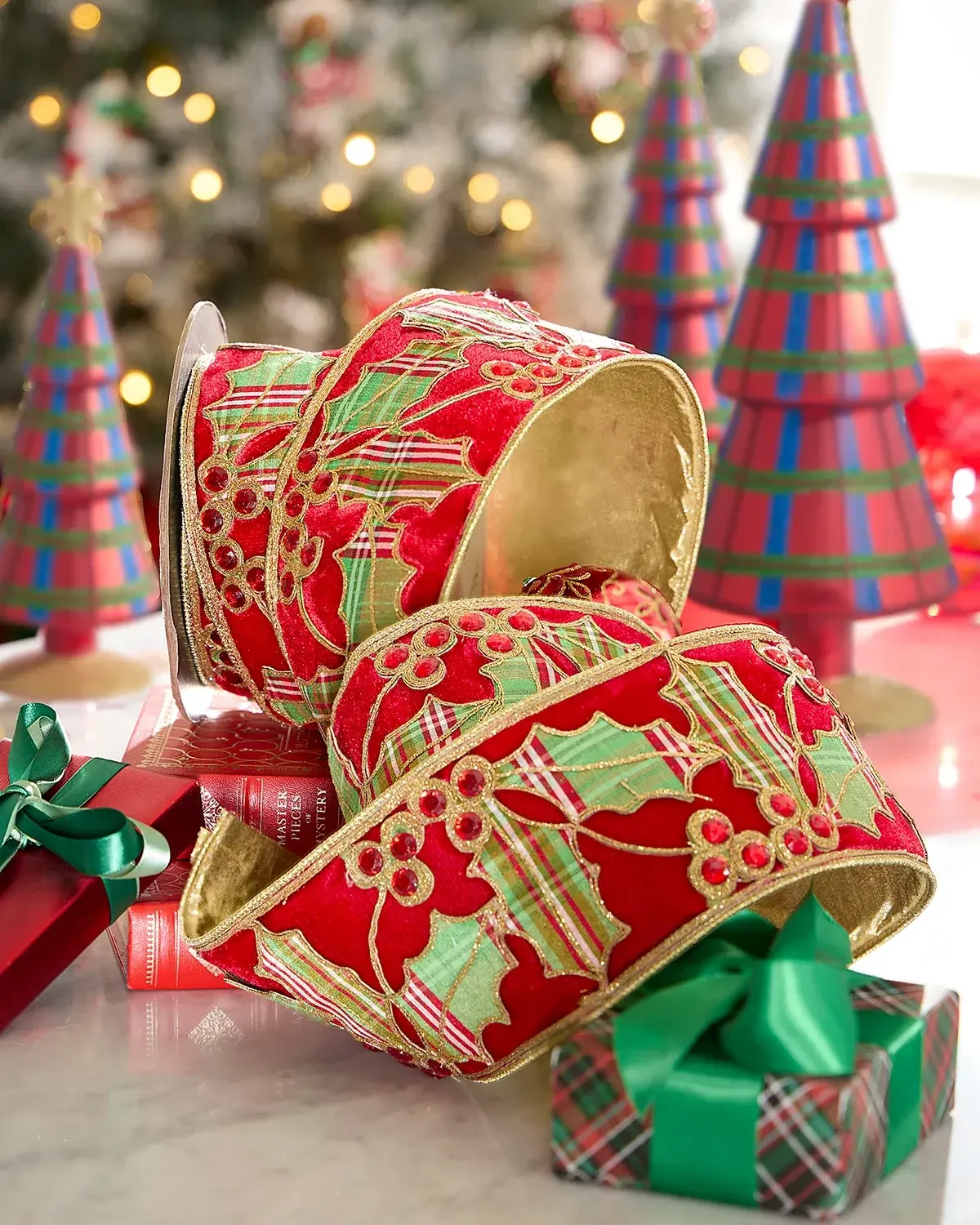 D. Stevens Plaid Holly Leaves & Jewel Berries on Velvet Ribbon, 4" x 5 Yards