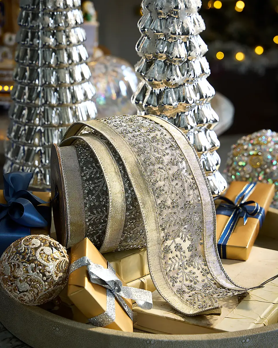 D. Stevens Metallic Dupion Ribbon with Jewel Floral-Embellished Clear Center, 4" x 5 Yards