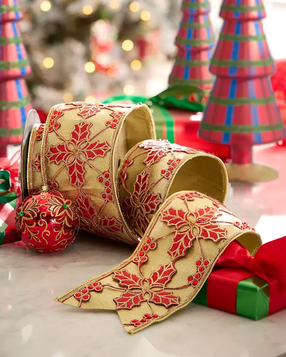 D. Stevens Leaf Lattice on Metallic Dupion Ribbon, 4" x 5 Yards