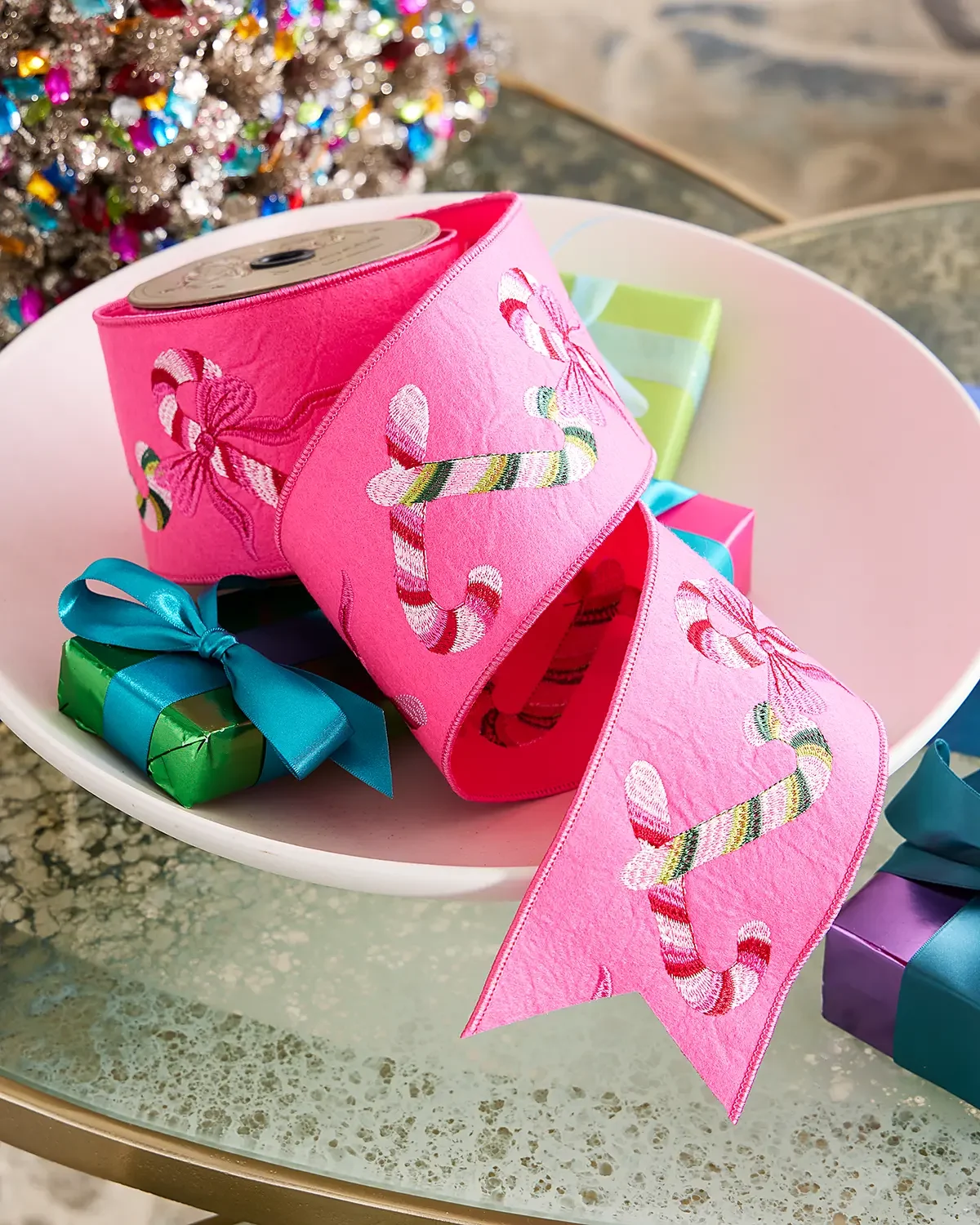 D. Stevens Embroidered Candy Canes on Felt Ribbon, 4" x 5 Yards