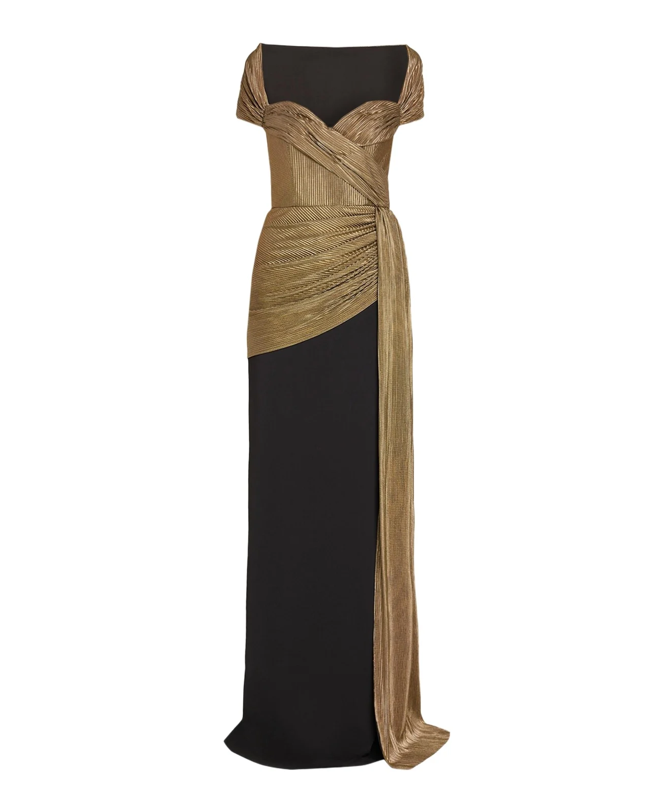 BADGLEY MISCHKA Draped Sweetheart Metallic Lame Column Gown