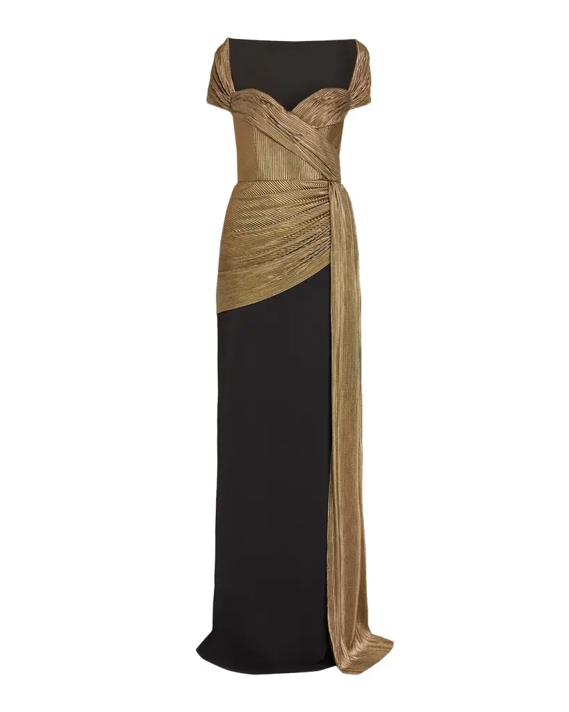 Draped Sweetheart Metallic Lame Column Gown Draped Sweetheart Metallic Lame Column Gown