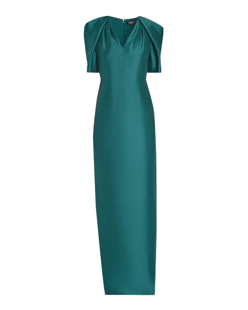 BADGLEY MISCHKA Cape-Sleeve Mikado Column Gown