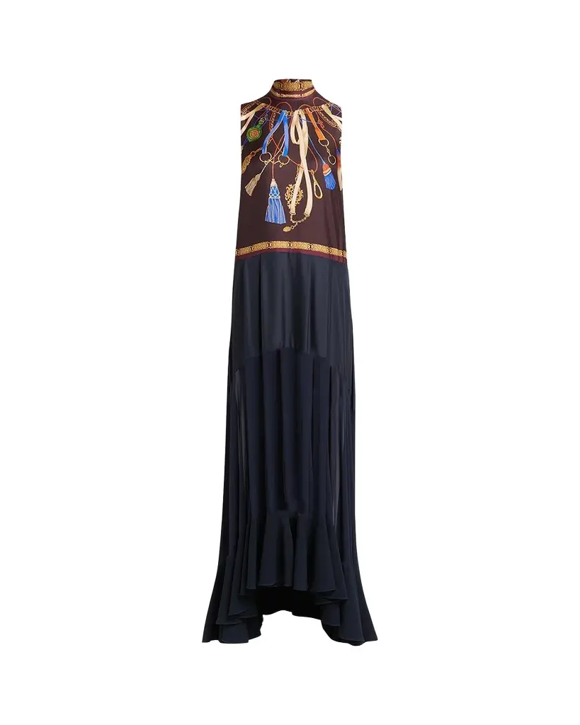 Etro Mock-Neck Foulard-Print Sheer Panel Maxi Dress