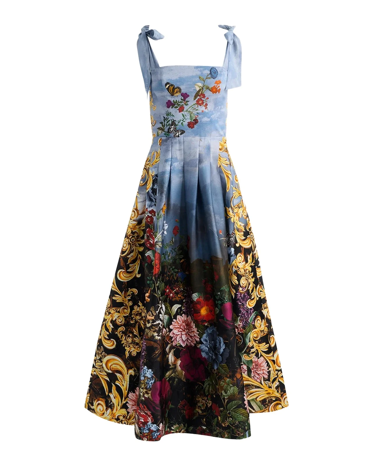 Alice + Olivia Hana Square-Neck Tie-Shoulder Maxi Dress