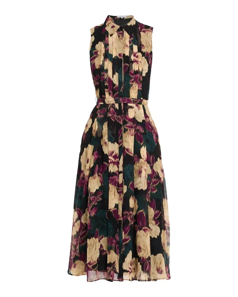 Pleated Floral-Print Chiffon Midi Shirtdress Pleated Floral-Print Chiffon Midi Shirtdress
