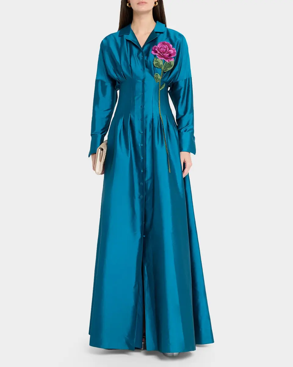 THEIA Marlena Pleated Floral-Embroidered Taffeta Gown | Thumbnail 2 THEIA Marlena Pleated Floral-Embroidered Taffeta Gown | Thumbnail 2