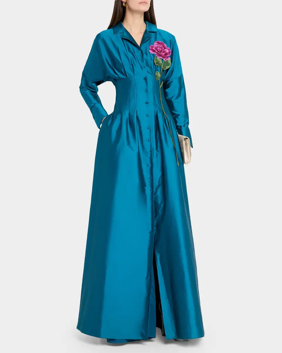 THEIA Marlena Pleated Floral-Embroidered Taffeta Gown | Thumbnail 4 THEIA Marlena Pleated Floral-Embroidered Taffeta Gown | Thumbnail 4