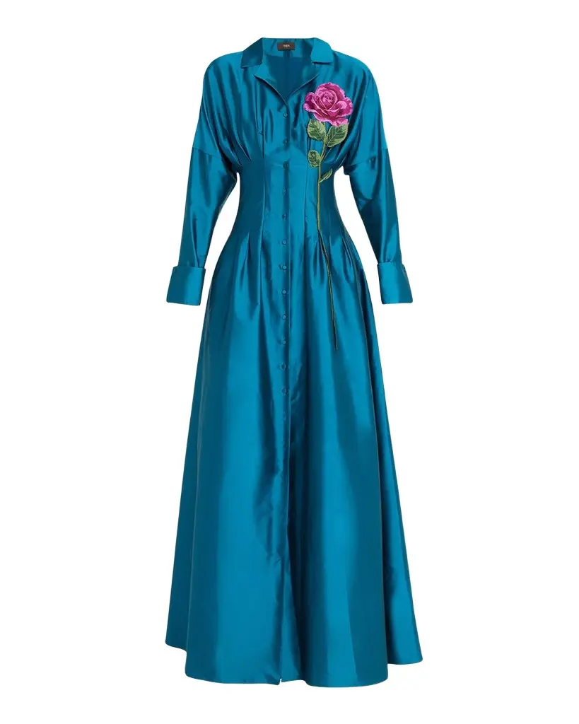 Marlena Pleated Floral-Embroidered Taffeta Gown