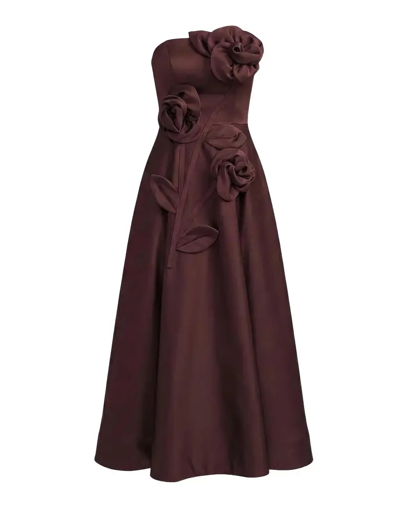 Floral Satin Strapless Midi Dress Floral Satin Strapless Midi Dress