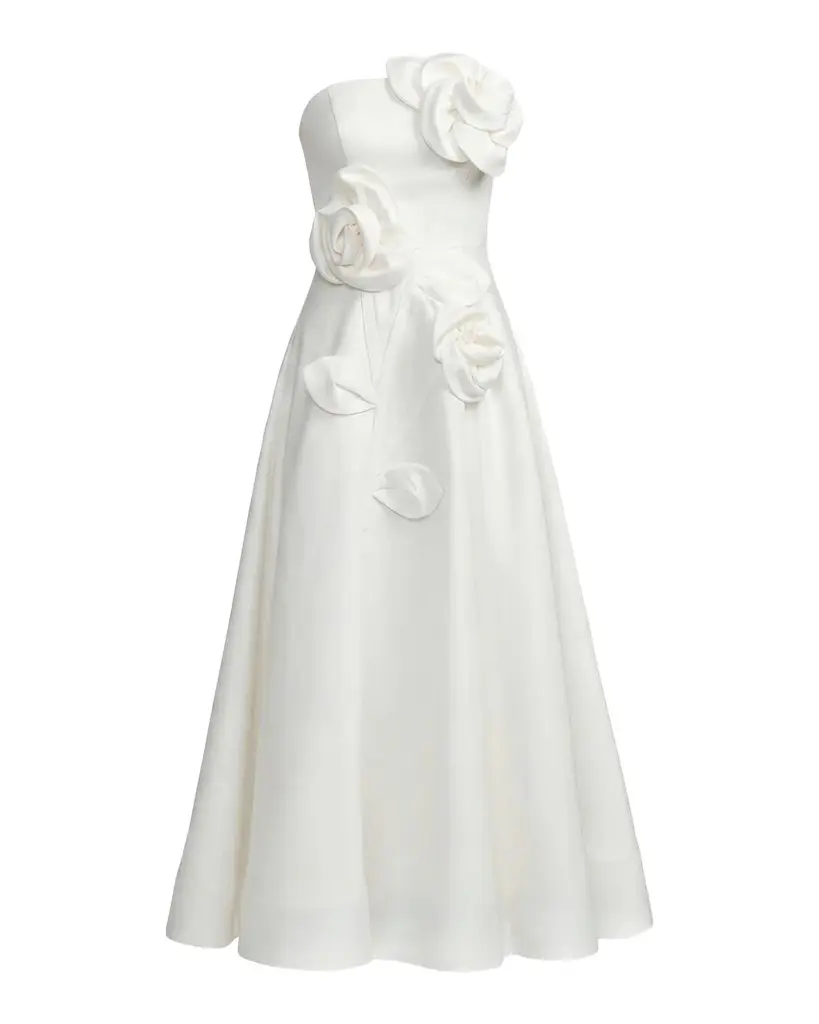 Floral Satin Strapless Midi Dress