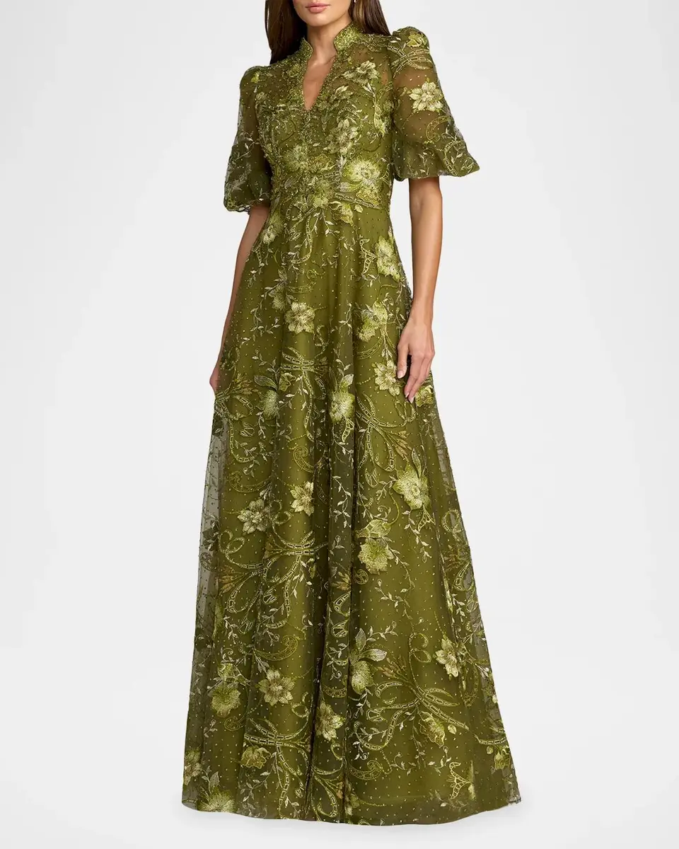 Mac Duggal Floral-Embroidered Puff A-Line Gown | Thumbnail 2 Mac Duggal Floral-Embroidered Puff A-Line Gown | Thumbnail 2