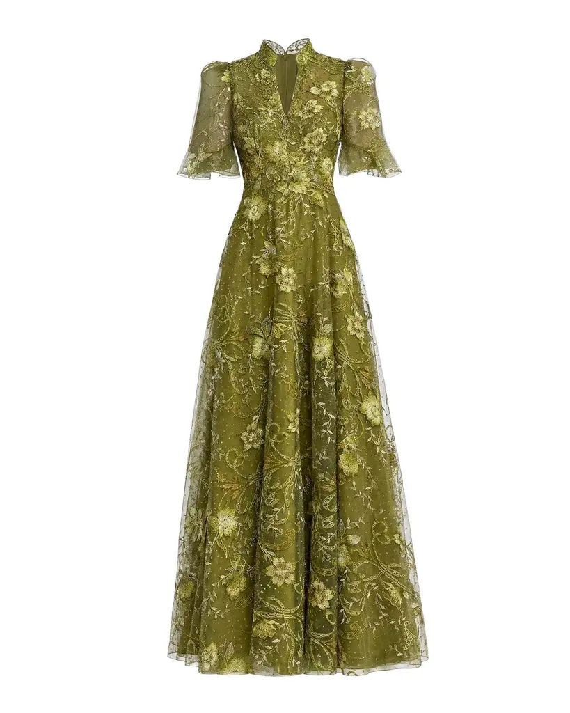 Floral-Embroidered Puff A-Line Gown