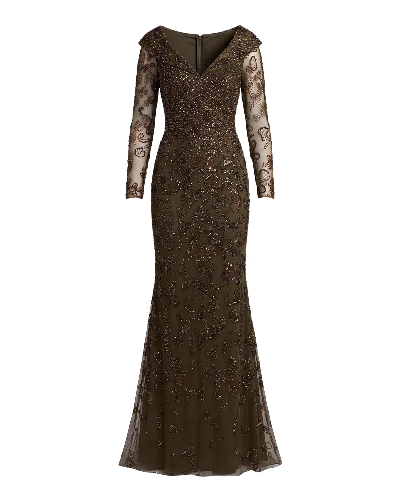 Mac Duggal Beaded Lace Long Sleeve Gown
