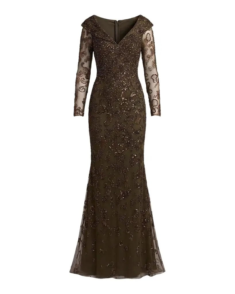 Mac Duggal Beaded Lace Long Sleeve Gown