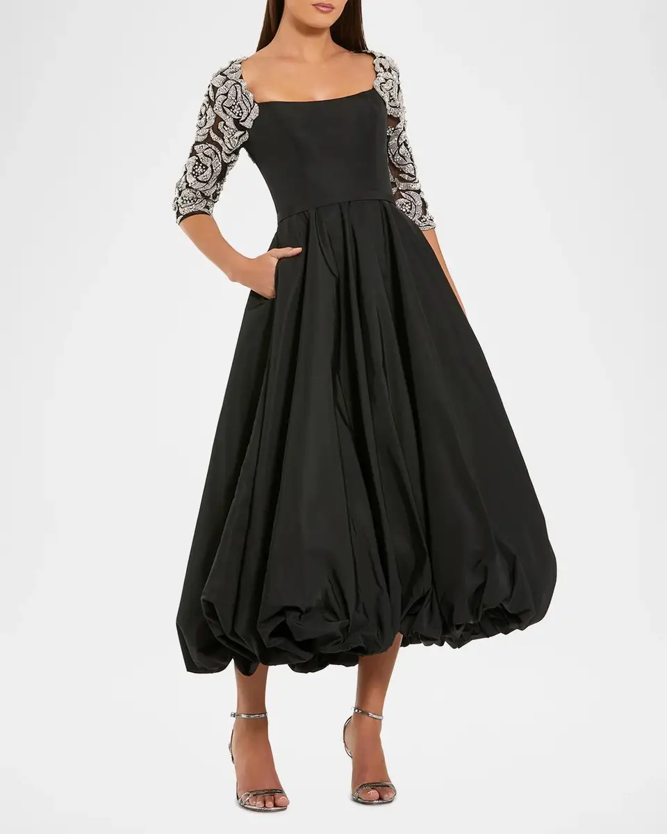 Mac Duggal Embellished-Sleeve Bubble-Hem Midi Dress | Thumbnail 2 Mac Duggal Embellished-Sleeve Bubble-Hem Midi Dress | Thumbnail 2