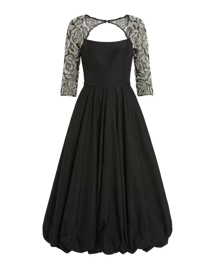 Embellished-Sleeve Bubble-Hem Midi Dress