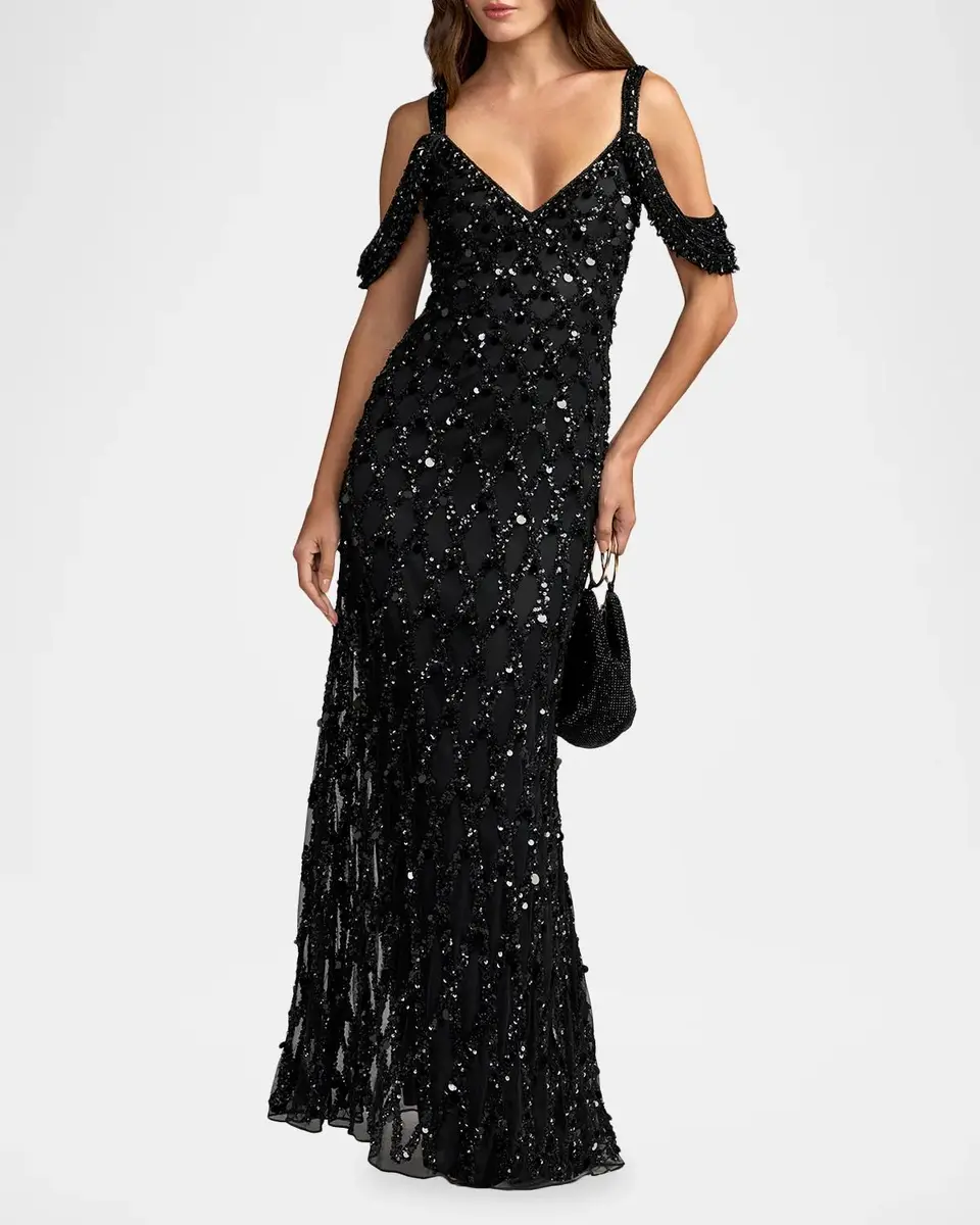 Mac Duggal Beaded Mesh Off-The-Shoulder Column Gown | Thumbnail 2