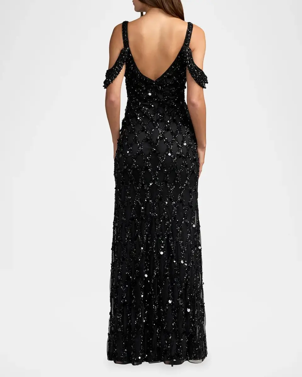Mac Duggal Beaded Mesh Off-The-Shoulder Column Gown | Thumbnail 3