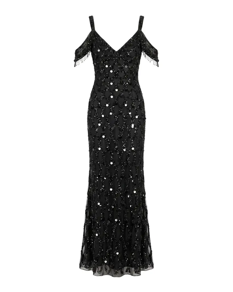 Mac Duggal Beaded Mesh Off-The-Shoulder Column Gown