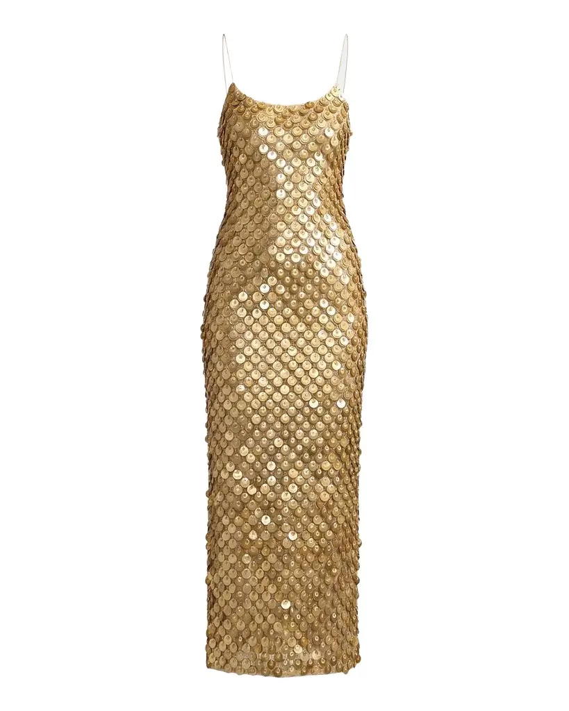 Paillette Mesh Spaghetti Strap Column Dress