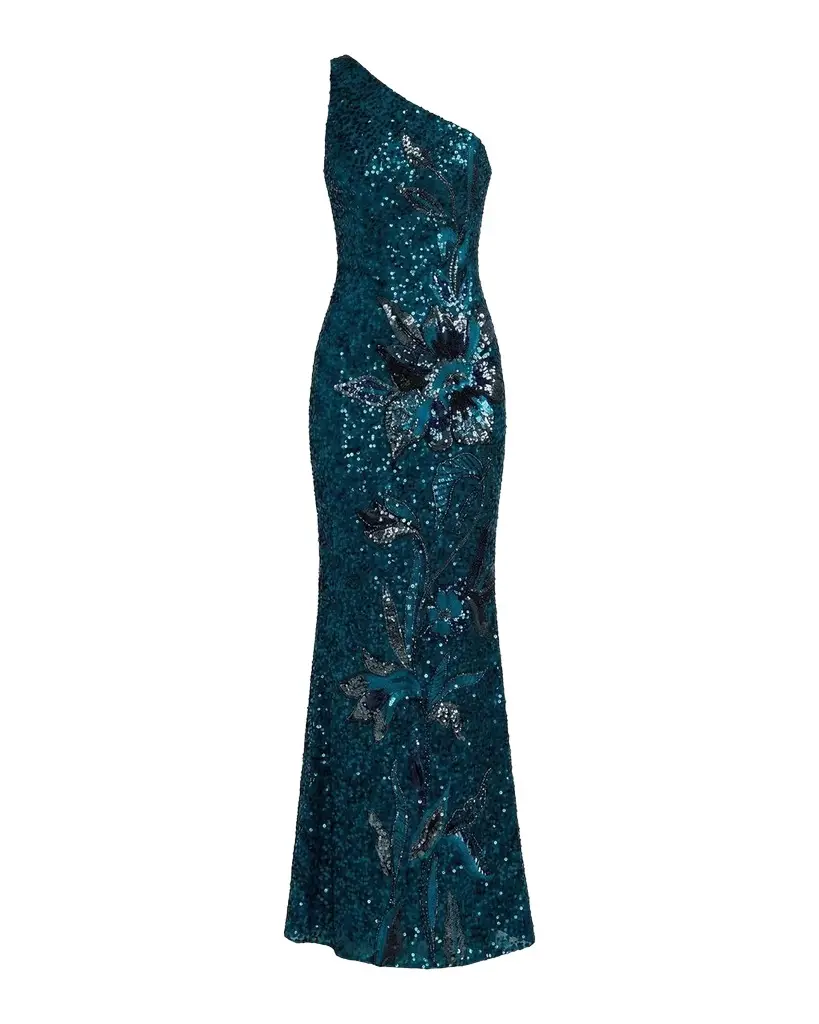 Mac Duggal Floral Mesh One-Shoulder Gown