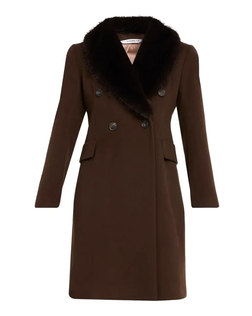 Fleurette Wool Double-Breasted Coat with Faux Fur Collar