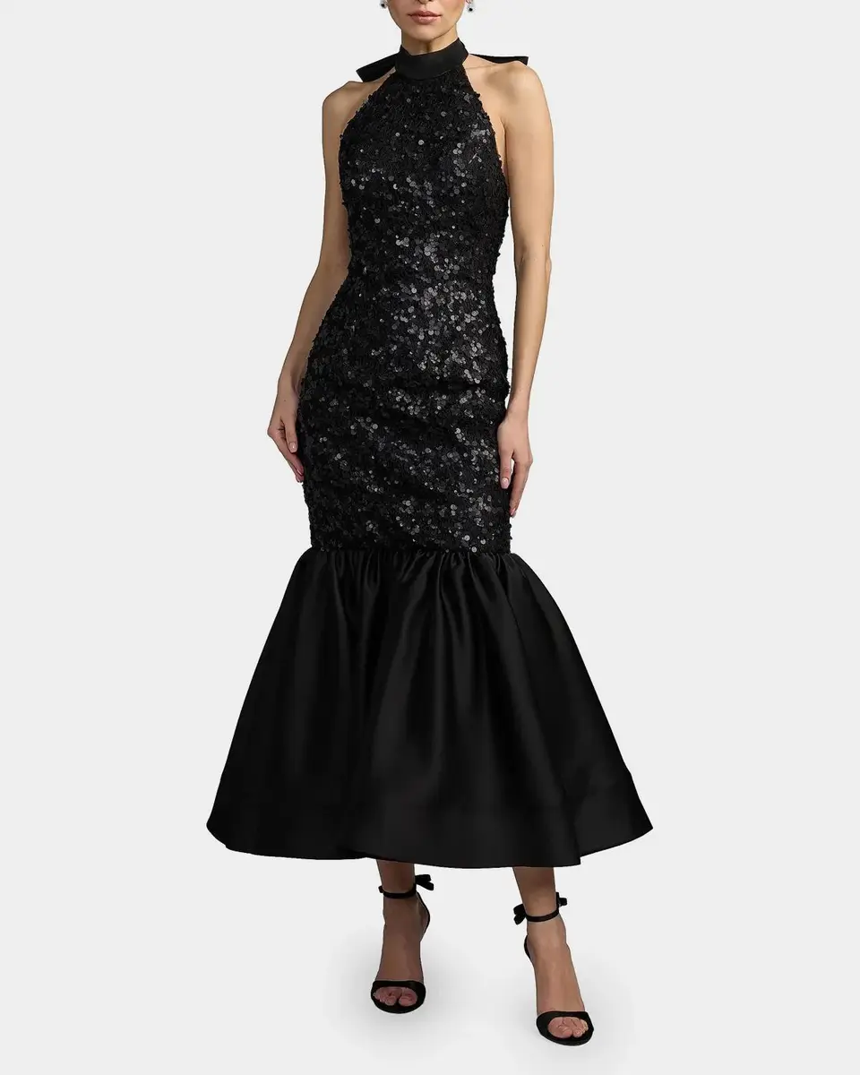Mac Duggal Sequined Lace-Satin Halter Mermaid Midi Dress | Thumbnail 2 Mac Duggal Sequined Lace-Satin Halter Mermaid Midi Dress | Thumbnail 2