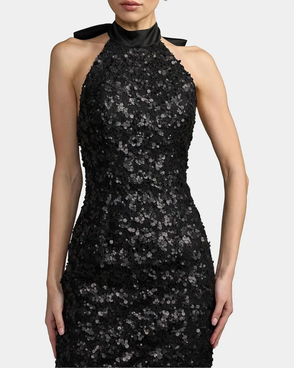 Mac Duggal Sequined Lace-Satin Halter Mermaid Midi Dress | Thumbnail 4 Mac Duggal Sequined Lace-Satin Halter Mermaid Midi Dress | Thumbnail 4