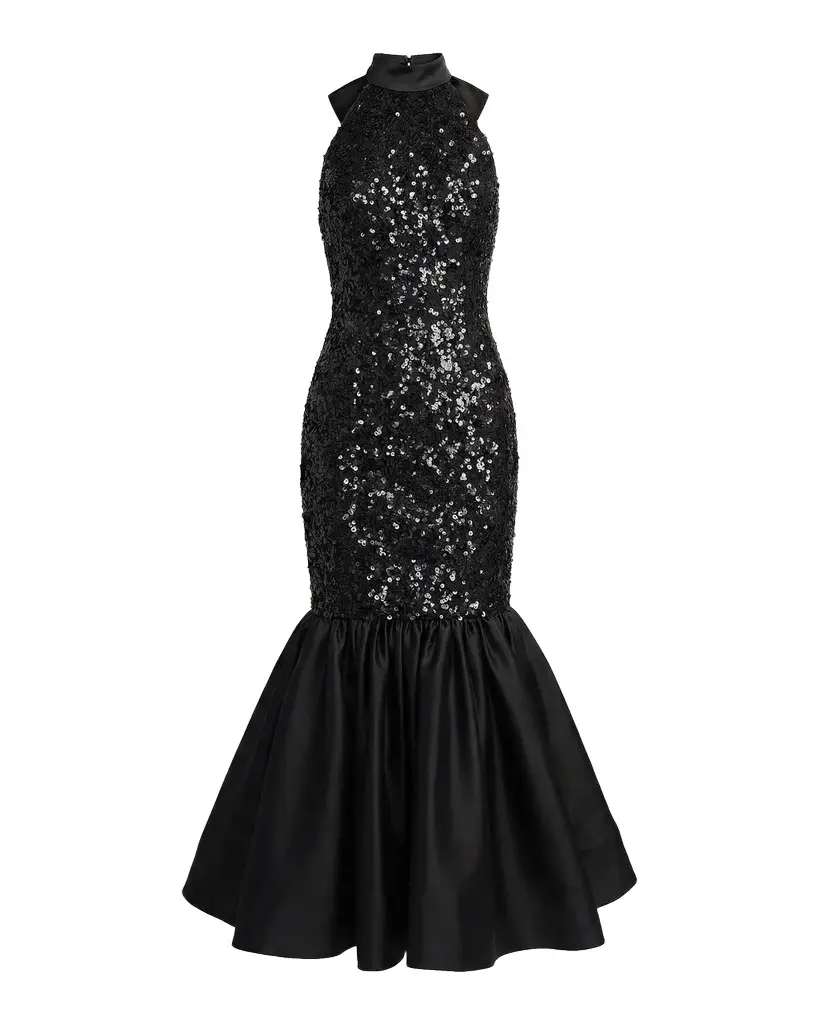 Mac Duggal Sequined Lace-Satin Halter Mermaid Midi Dress