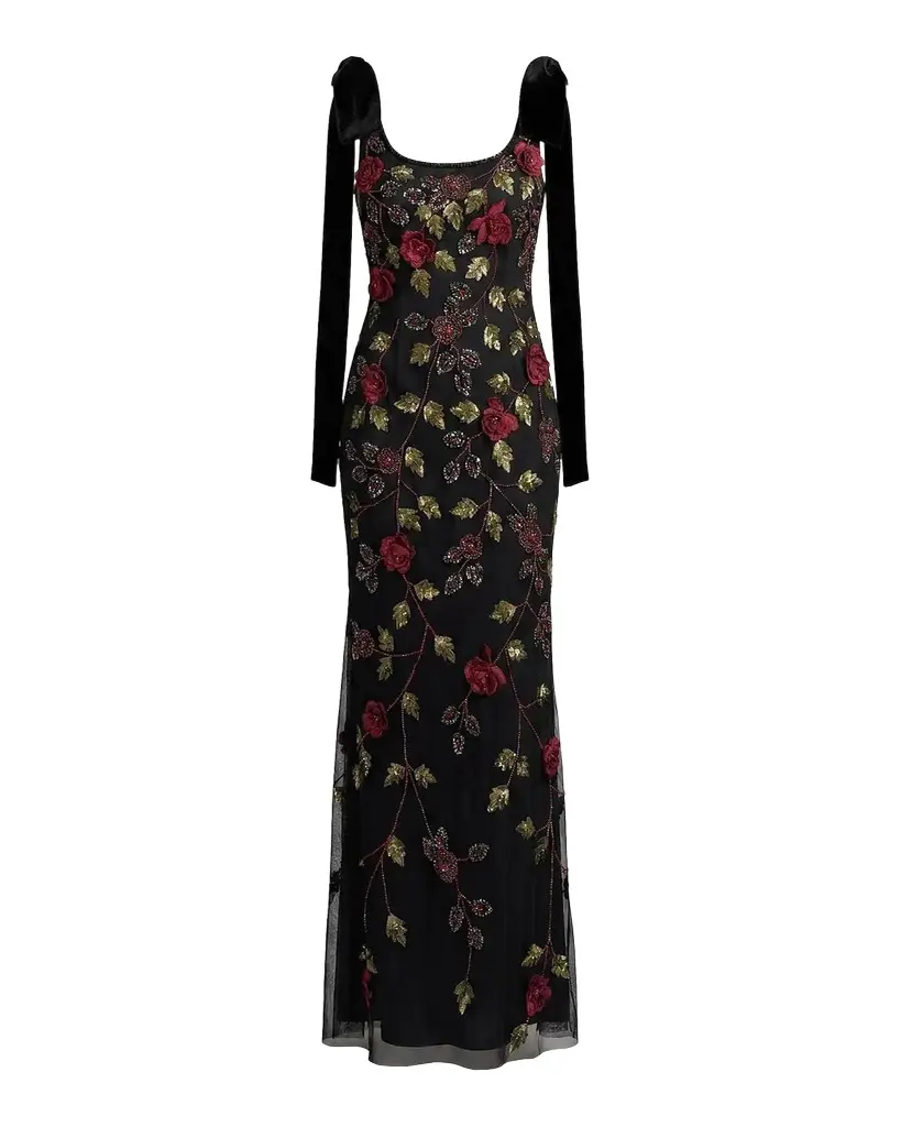 Mac Duggal Floral Embroidered Bow-Shoulder Gown