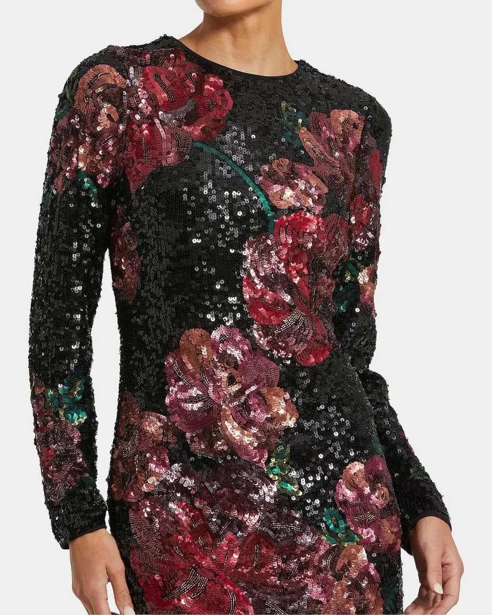 Mac Duggal Sequin Floral Long-Sleeve Fitted Mini Dress | Thumbnail 3