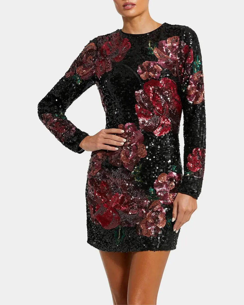 Mac Duggal Sequin Floral Long-Sleeve Fitted Mini Dress | Thumbnail 4