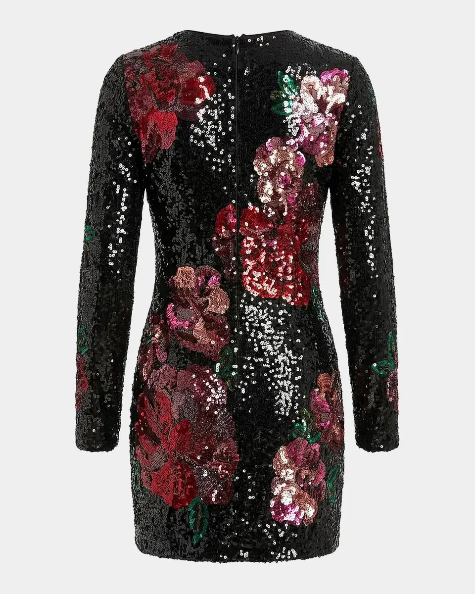 Mac Duggal Sequin Floral Long-Sleeve Fitted Mini Dress | Thumbnail 5
