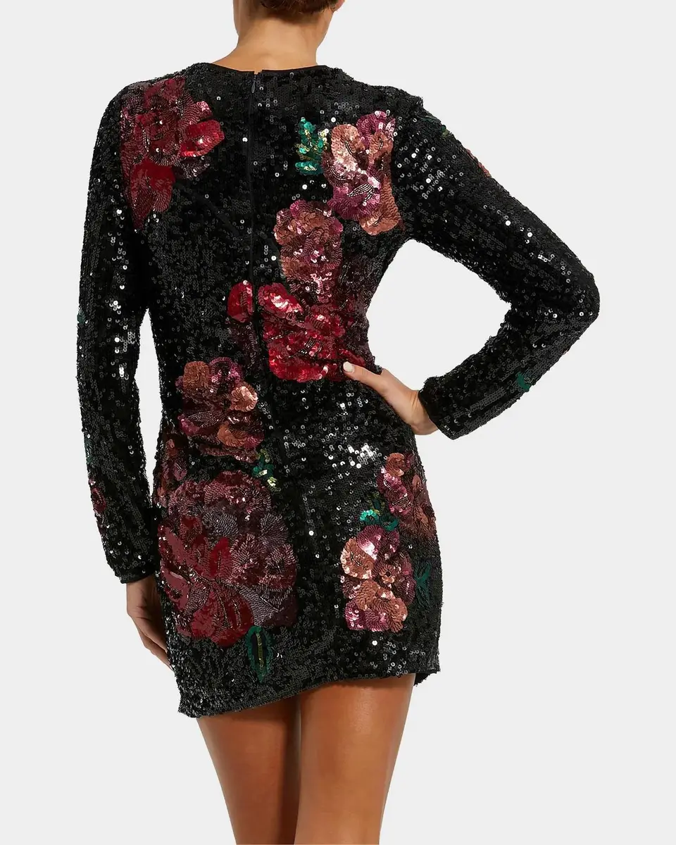 Mac Duggal Sequin Floral Long-Sleeve Fitted Mini Dress | Thumbnail 6
