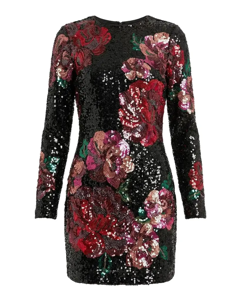 Sequin Floral Long-Sleeve Fitted Mini Dress Sequin Floral Long-Sleeve Fitted Mini Dress